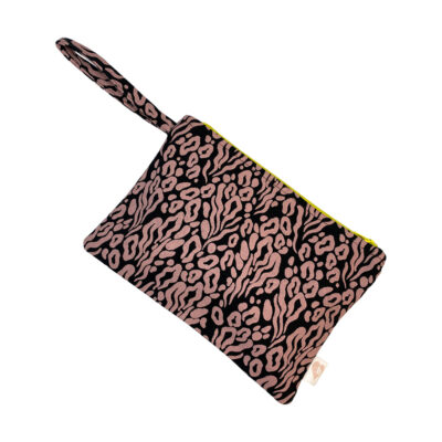 Large Wristlet Zip Pouch in Black with Mauve Animal Print